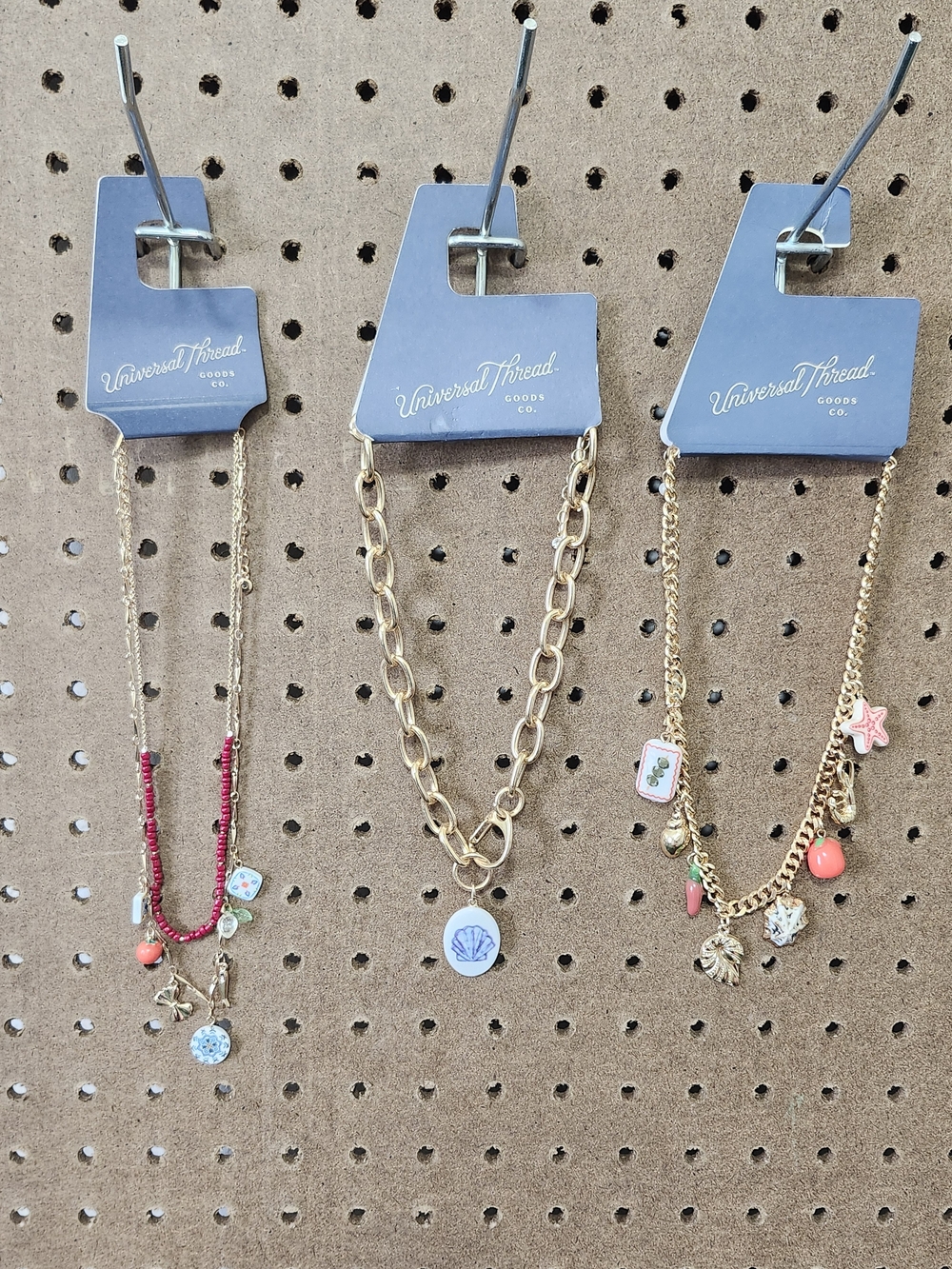 Universal Thread Mix Necklace Set Tiles Shell Food Beach Charm Vacay Goldtone